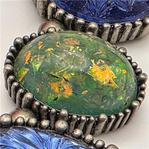 Blue Green Glass Bead Link Necklace Silver Tone Floral Molded 20" Adj Vintage - Picture 6 of 10